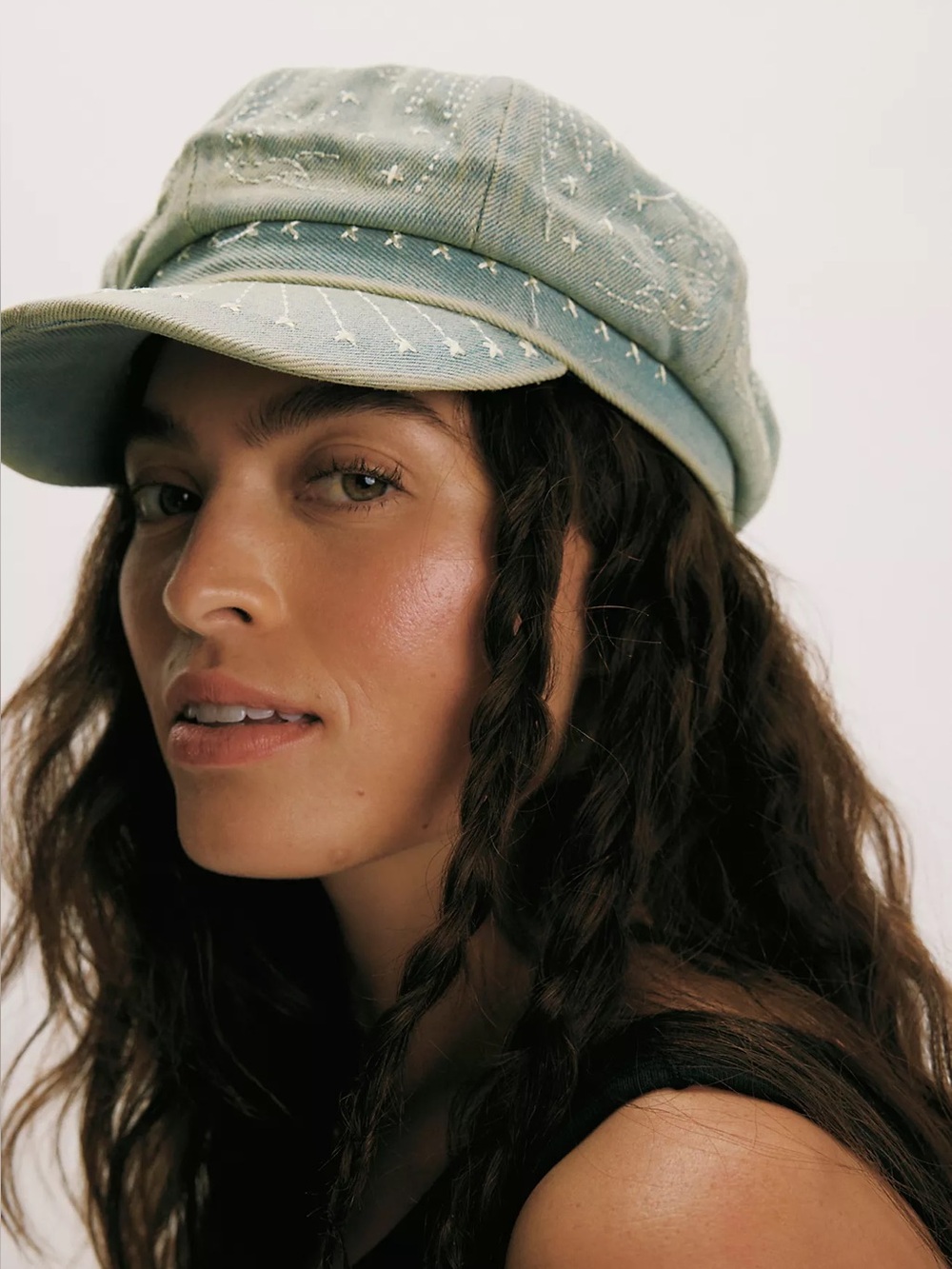Free People Denim Embroidered Cadet Hat